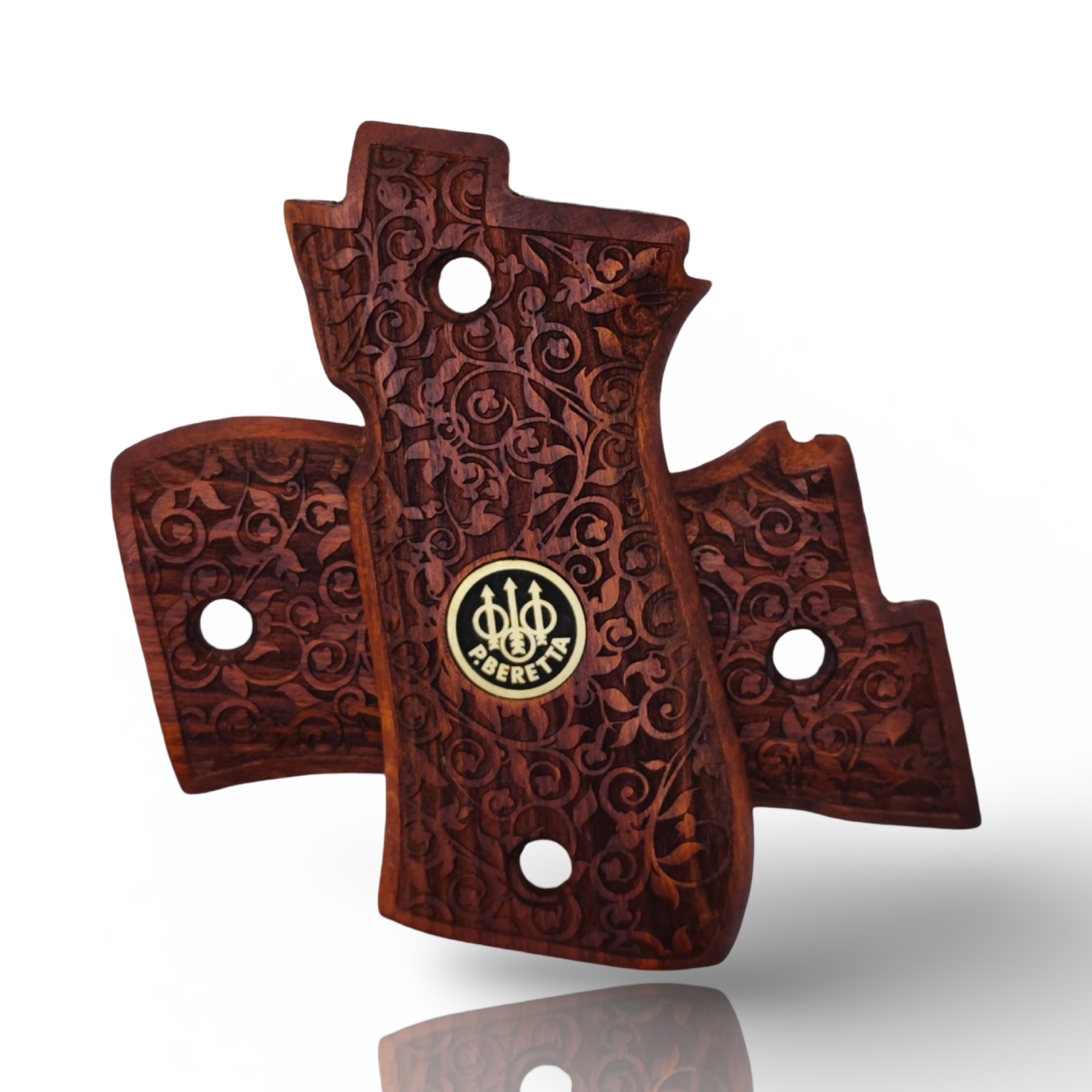 Beretta Cheetah engraved wood grips angle view
